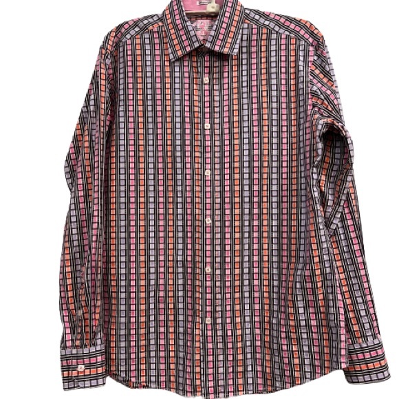 Bugatchi Shaped Fit Men’s Button Up LS Shirt Flip Cuff Window Pane Plaid - Picture 2 of 9